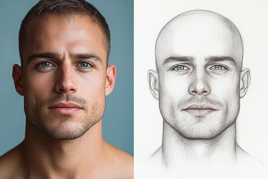 A portrait of a handsome Caucasian male with striking blue eyes, alongside a detailed sketch of his likeness. Creative Contrast, Fusion of Art and Life