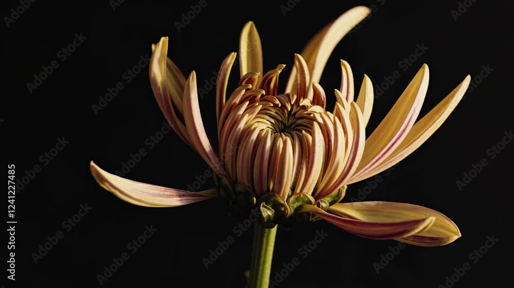 Poster Close-up of a blooming flower showcasing intricate petal patterns in low light