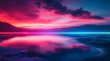 Fototapeta premium Vibrant sunset, lake reflection, mountains