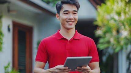 Young logistic career concept. Happy delivery man looking for customer house location in his tablet. Asian chinese fit man in red polo shirt in his early twenties.