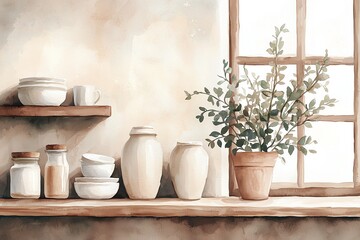 Cozy kitchen shelf with plants and pottery.