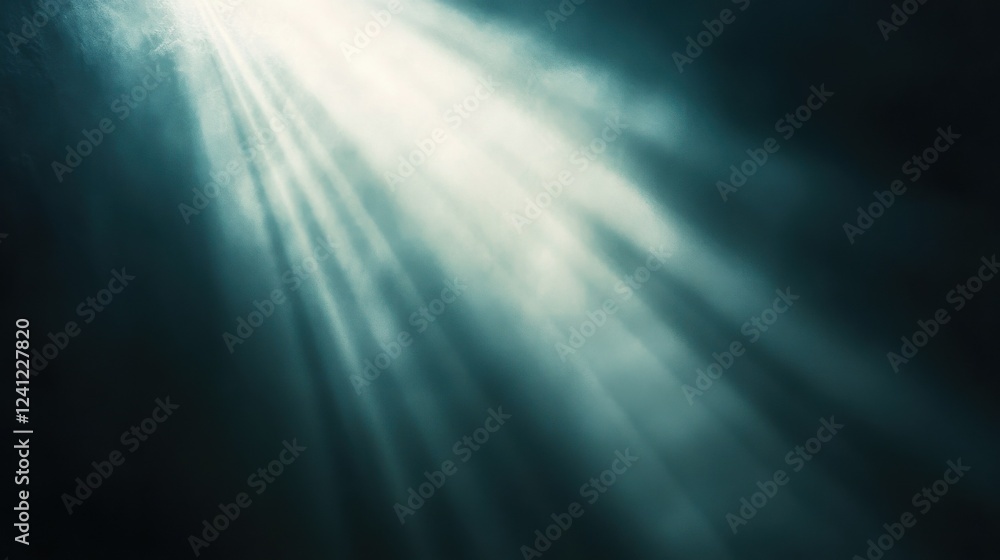 Poster bright light shines through a dark background, creating a striking diagonal composition with intense