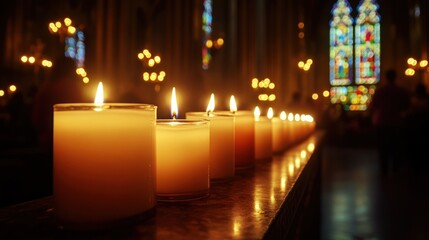 Candles illuminate the quiet atmosphere inside a beautiful church, enhancing spirituality and reflection. Generative AI