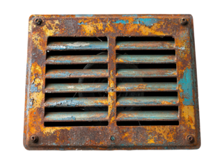 Rusty metal vent with peeling paint and weathered surface against a textured background