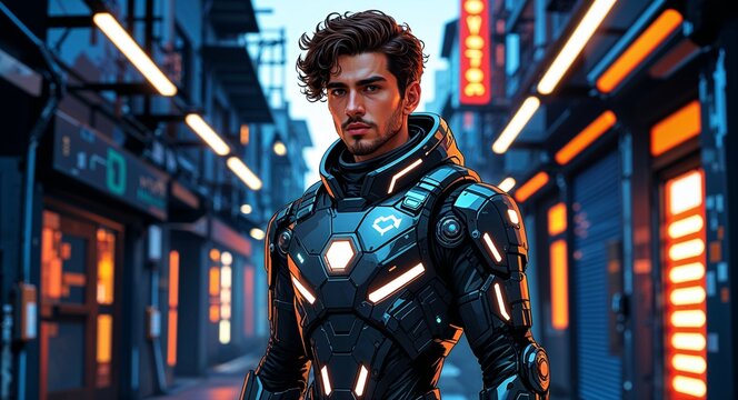 Dark graphene exosuit with luminescent accents cyberpunk alley young Hispanic man curly brown hair background illustration portrait