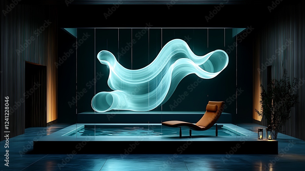 Sticker Serene indoor pool with glowing art, relaxation lounge chair, dark wood walls, nighttime ambiance; wellness, spa, tranquility