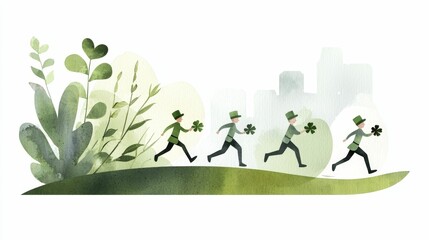 st patricks day watercolor concept, A whimsical illustration of four figures running with shamrocks, surrounded by greenery, celebrating a spirit of nature and joy.