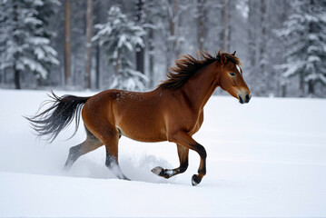 Majestic Brown Horse Galloping Through a Snowy Wonderland