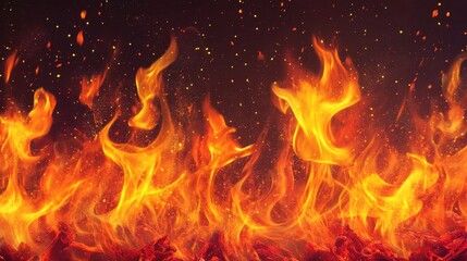 Close-up of bright orange and yellow flames dancing above glowing red embers in a darkened setting.