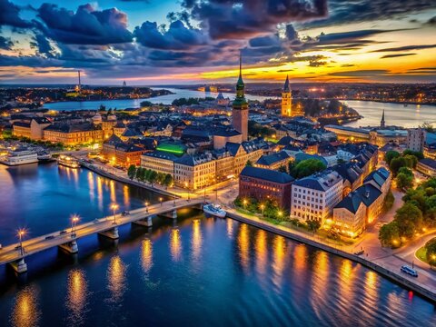 Stockholm Night Cityscape: Aerial Drone View of Illuminated Buildings and Bridges