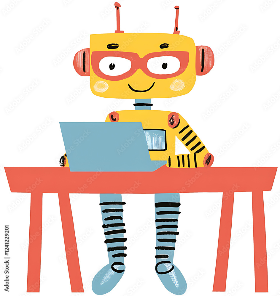 Poster a friendly robot working on a laptop in a modern office environment