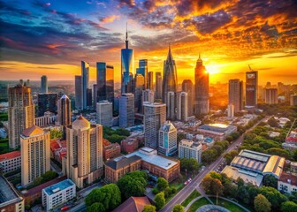 Obraz premium Stunning Aerial Cityscape: Modern Skyscrapers at Golden Hour