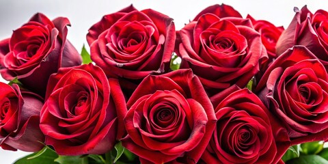 Fototapeta premium Valentine's Day Red Rose Bouquet Closeup, Romantic Floral Arrangement, Beautiful Flowers, White Background