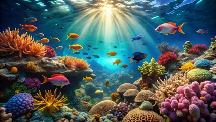 Vibrant Underwater Coral Reef with Colorful Fish Swimming Gracefully