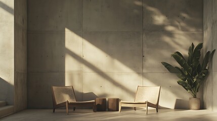 Sunlit minimalist room with two chairs, small table, and plant.