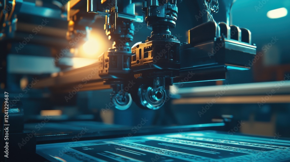 Poster advanced printing technology in action with precision mechanics