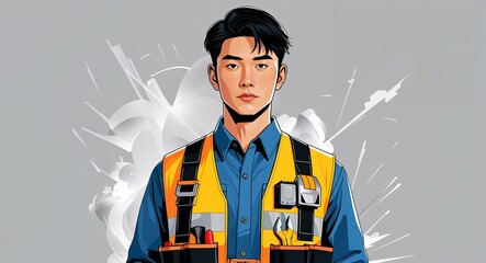 Electrician in utility vest with tool belt young Asian man short black hair background illustration portrait