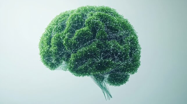 AI brain illustration, 2D flat design, green neural network, machine learning concept, white background, technology, future communication, digital brain concept.