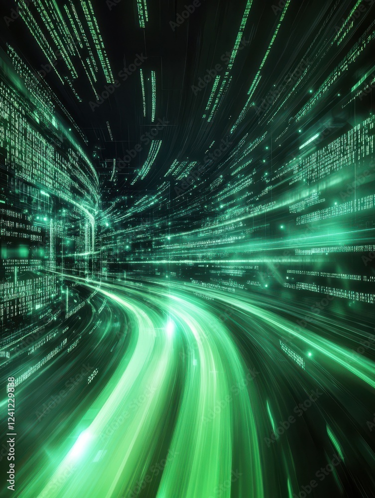 Poster this image features an abstract green background with digital code and light streaks, representing t