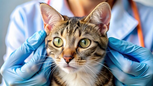 Veterinarian Examining Cat Ear Mite Infection - Close Up of Infected Auricle