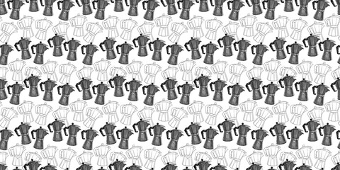 Watercolor seamless pattern with coffee attributes - various coffee pots, geyser coffee makers, cups, berries