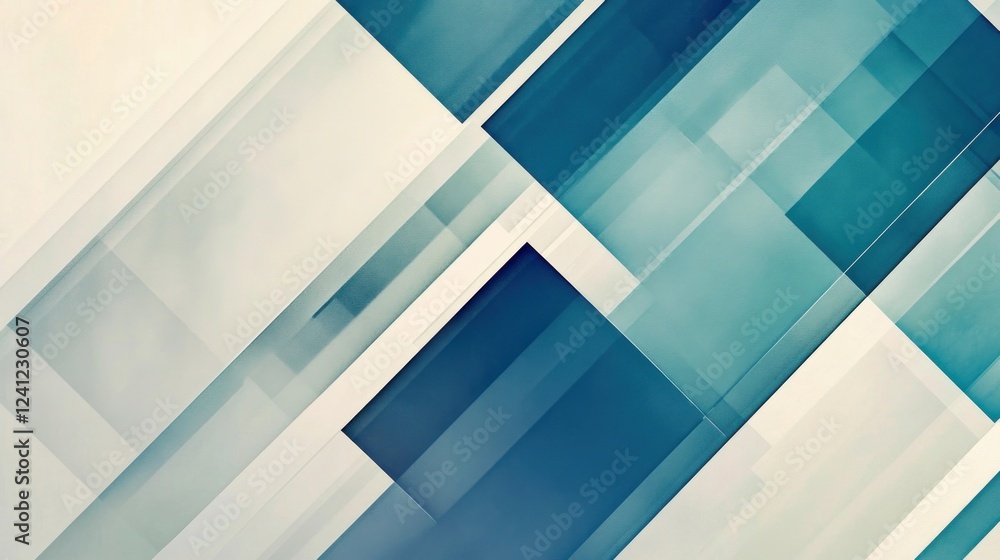 Poster abstract minimalist design with overlapping translucent geometric shapes in blue and white tones