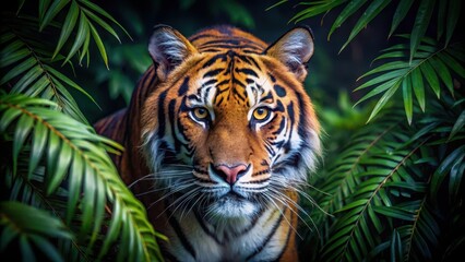 Fototapeta premium Majestic tiger's eyes glowing in the dark as it navigates through thick vegetation, foliage, forest, foliage, forest, prowling