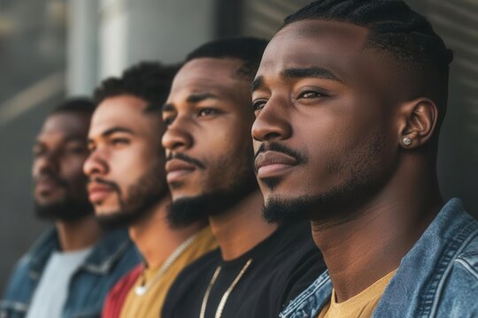 powerful image of a group of black men standing shoulder to shoulder, united and strong, conveying solidarity, pride, and resilience in a contemporary urban backdrop