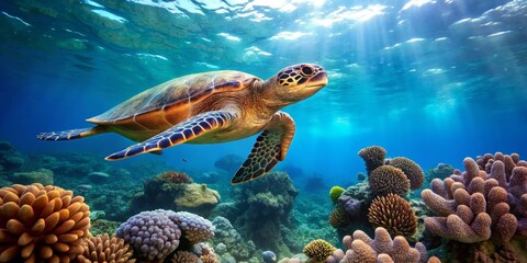 Naklejka premium Majestic Sea Turtle Swimming Above Vibrant Coral Reef Underwater