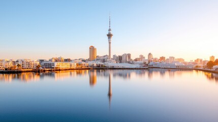 Obraz premium Auckland Skyline Sunrise, Waterfront Reflection, Cityscape Travel