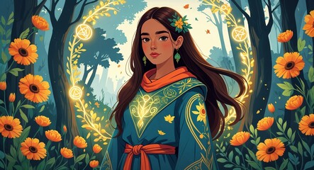 Fototapeta premium Floral druid robes with glowing nature symbols teen Hispanic girl long straight brunette hair background illustration portrait