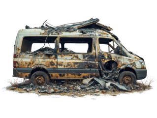 Burnt van abandoned in a snowy landscape with white snow covering the ground