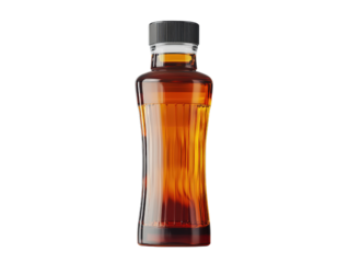 Bottle of syrup with a black cap on a plain background for food and beverage concepts