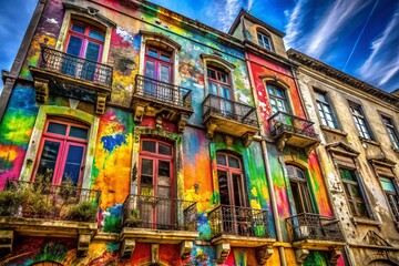 Obraz premium Vibrant Graffiti Art on Urban Building Exterior with Colorful Paint Splatter