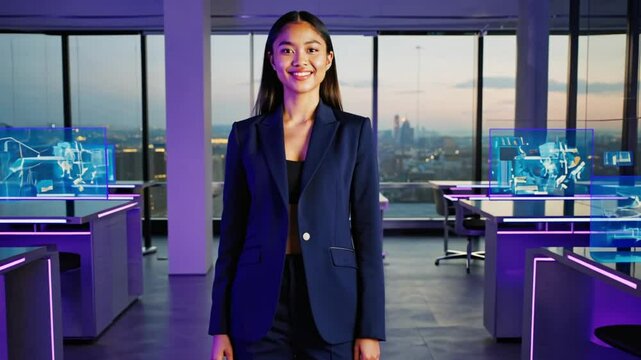 A stylish and smiling young businesswoman in a high-tech environment with blurred neon-lit office spaces and a collaborative atmosphere, symbolizing future-ready business leadership