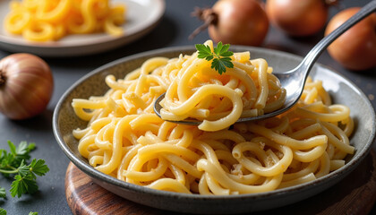 A close-up shot of käsespätzle, topped with fresh parsley for an enticing German pasta dish.