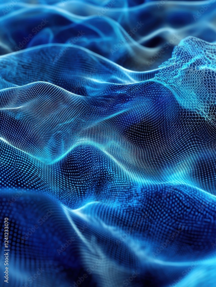 Poster abstract blue tech background with digital waves, dynamic network system, artificial neural connecti