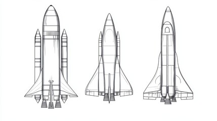 Obraz premium Rockets, launching shuttles, space travelling, spaceship and start-up vector logos isolated. Rocket and spaceship, shuttle ship logo illustration