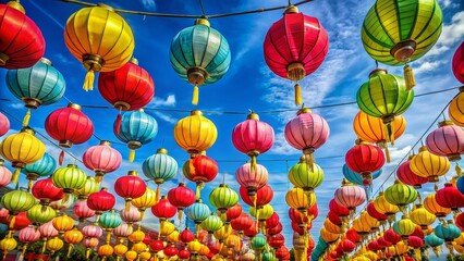 Fototapeta na wymiar Vibrant Lanterns Hanging Under a Clear Blue Sky - Festive Asian Street Decoration Stock Photo
