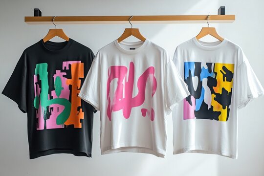 Three stylish graphic t-shirts hanging on wooden hangers, featuring vibrant colors and bold designs, showcasing contemporary fashion trends.