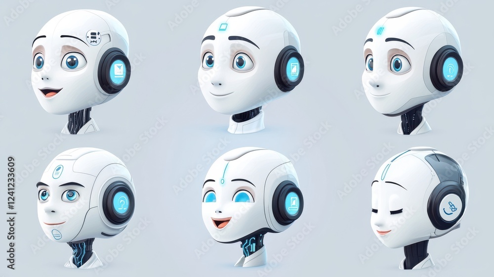 Poster chatbot avatar. chat bot head with different emotions and symbols on face. ai chatbots vector set