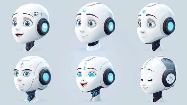 Chatbot avatar. Chat bot head with different emotions and symbols on face. Ai chatbots vector set