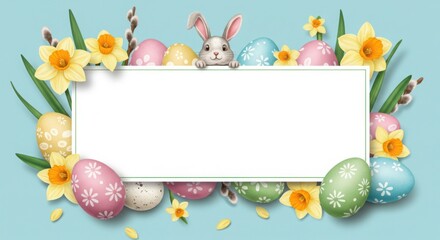 Easter Bunny and Eggs Frame with Daffodils and Willow Branches
