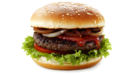Side view of gourmet hamburger with soft brioche bun, juicy grilled beef patty, caramelized onions, fresh lettuce, and melted cheese, presented against bright white background for clean look