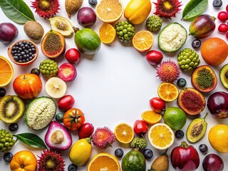 Vibrant Oriental Fruits Top View: Exotic Asian Fruits Circle Arrangement on White Background