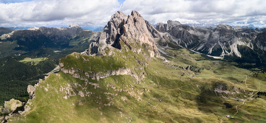 Detailed aerial panorama of the Seceda Ridge in Italy’s Dolomites. The composition showcases the...
