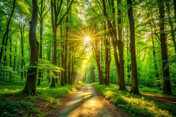 Fototapeta premium Sunlit Forest Path: Minimalist Green Nature Scene Stock Photo