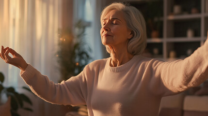 A detailed shot of an elderly woman performing a gentle stretch in a well-lit living room. Her focus and positivity radiate as morning sunlight bathes the space, creating a vibrant