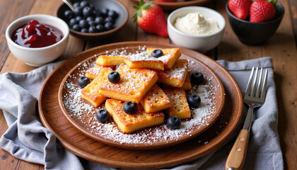Kaiserschmarrn served with a side of jam and whipped cream, dusted with powdered sugar for a decadent dessert.