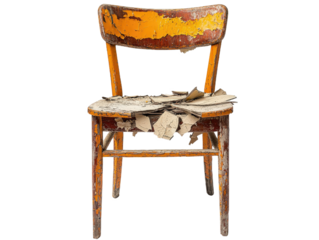 Old wooden chair with a broken seat and visible wear and tear in a rustic setting